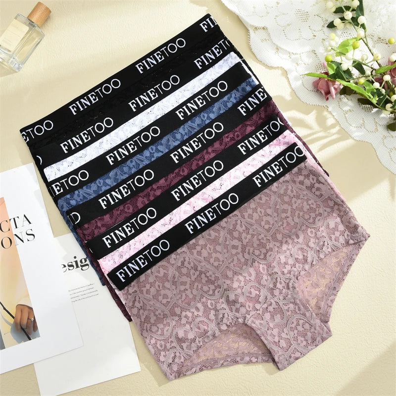 FINETOO 3Pcs Lace Hollow Out Boyshorts Underwear Women's Elastic Belt Panties Sexy Transparent Floral Briefs Breathable Lingerie