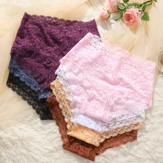 4-Pack High-Waist Lace Panties – Soft Breathable Hollow Briefs for Women (S–3XL, 9 Color Sets)