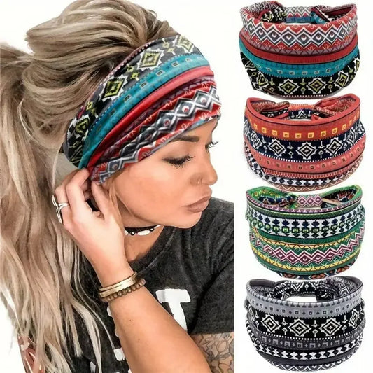 Boho Paisley Stretch Headbands – Criss Cross Knotted Hair Wrap for Women, 4-Pack