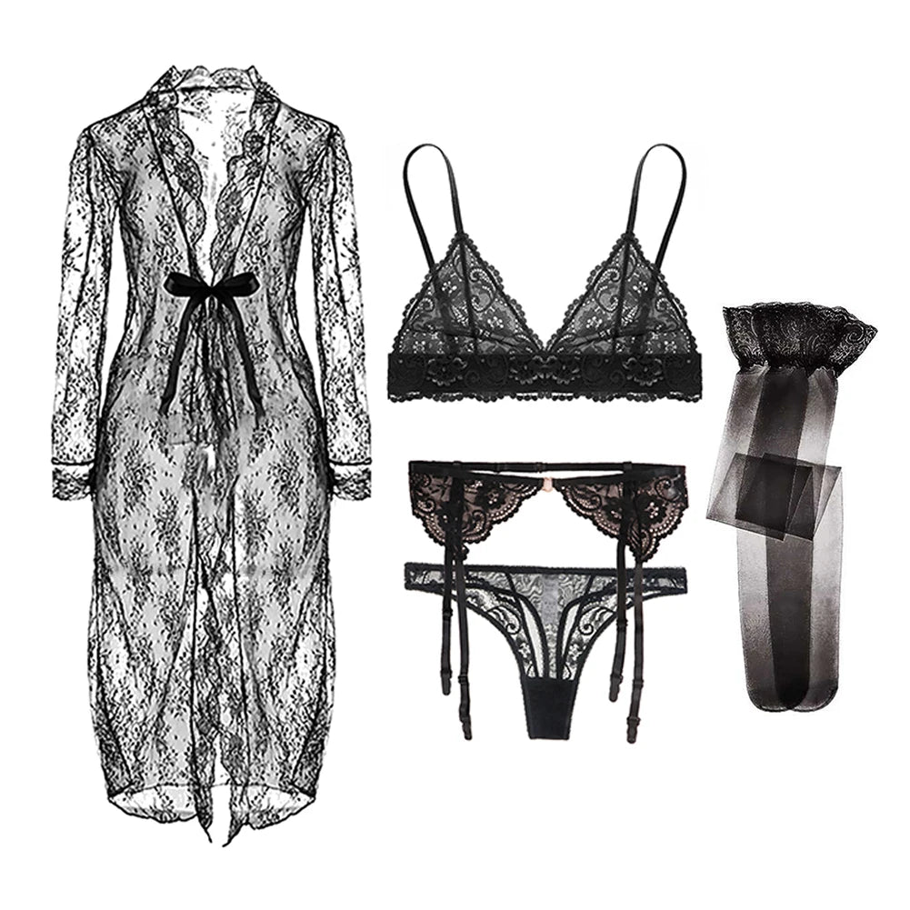 Floral Lace Bralette Lingerie Set — Wire-Free Bra, Thong, Garter Belt & Stockings | Women's Lingerie