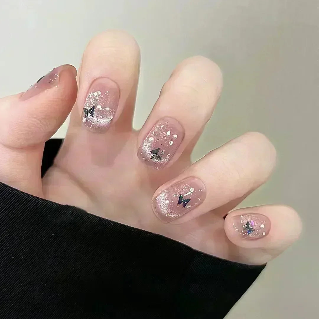 Short Press-On Nails - French Tip, Bow & Glitter Designs, 24 Pieces
