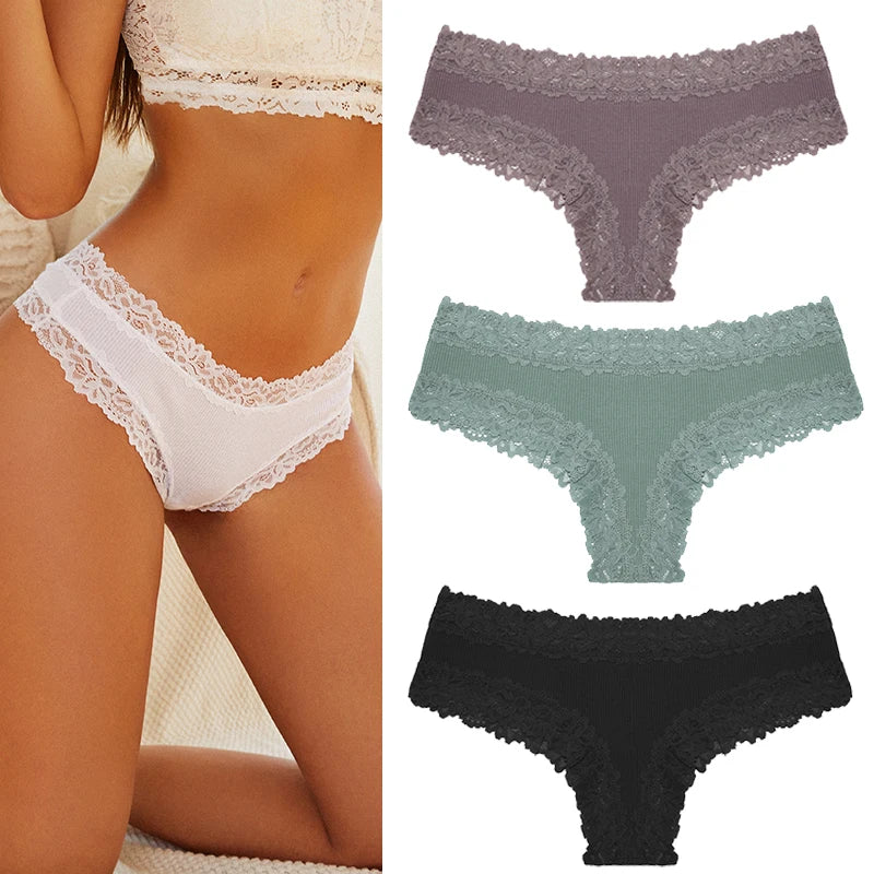 Women's Cotton Lace Briefs – 3-Piece Set | Soft Low-Rise Stretch Underwear (S–XL)