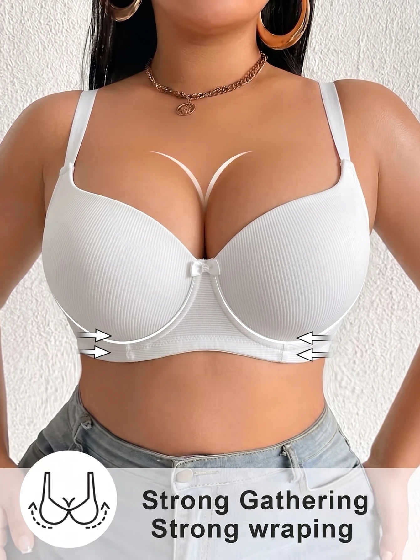 Plus Size Ribbed Push-Up Bra — Wide Strap Underwire Side Gather | Women's Bra
