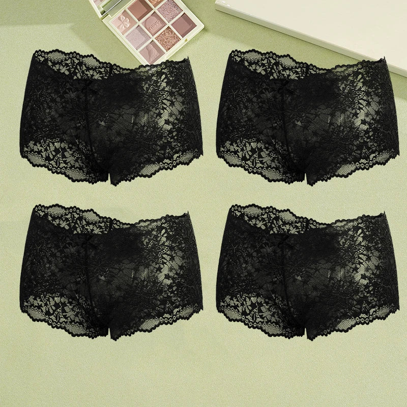 4-Pack Hollow Lace Boyshort Panties – Low-Rise Breathable Underwear for Women (S–2XL, 13 Color Sets)