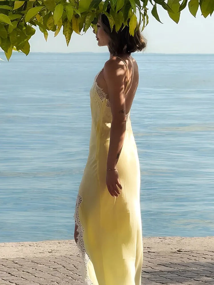 Blue V Neck Satin Lace Patchwork Maxi Dress Chic Spaghetti Strap Backless Slip Dress 2026 Summer new Lady Beach Holiday Vestidos