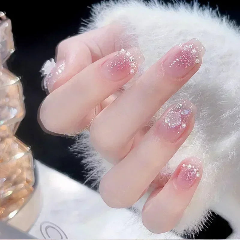 Short Press-On Nails - French Tip, Bow & Glitter Designs, 24 Pieces