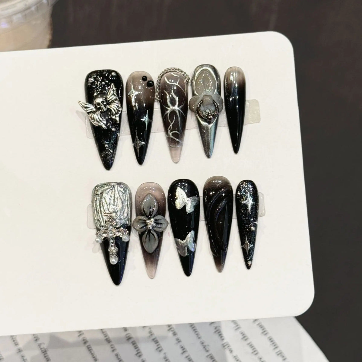 Long Stiletto Press-On Nails – Blue & Pink Cat-Eye with Silver Stripes, 10 Pieces