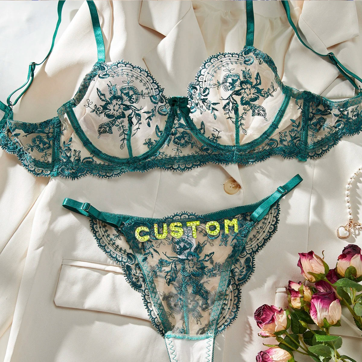 Custom Name 3-Piece Lingerie Set | Sheer Bra + Brief + Crystal Letter Thong | Personalized Gift