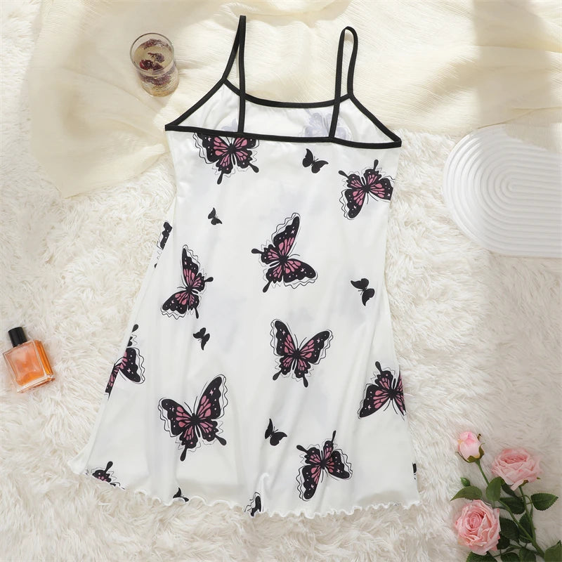 Butterfly Print Satin Sleep Dress — Spaghetti Strap Mini Nightgown