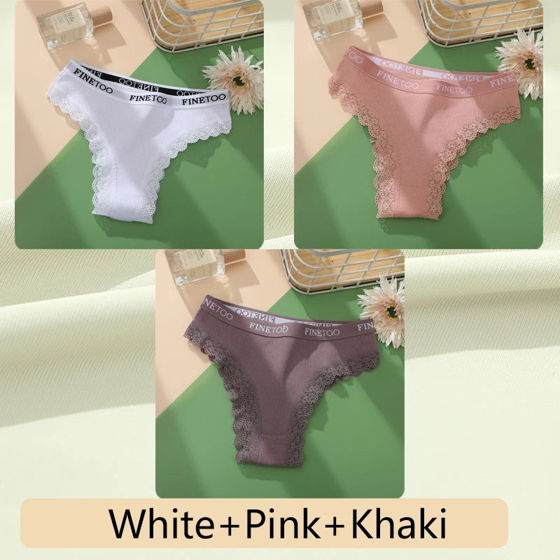 3-Pack Cotton Lace-Trim Brazilian Thongs — Logo Waistband Low-Rise G-String M–2XL