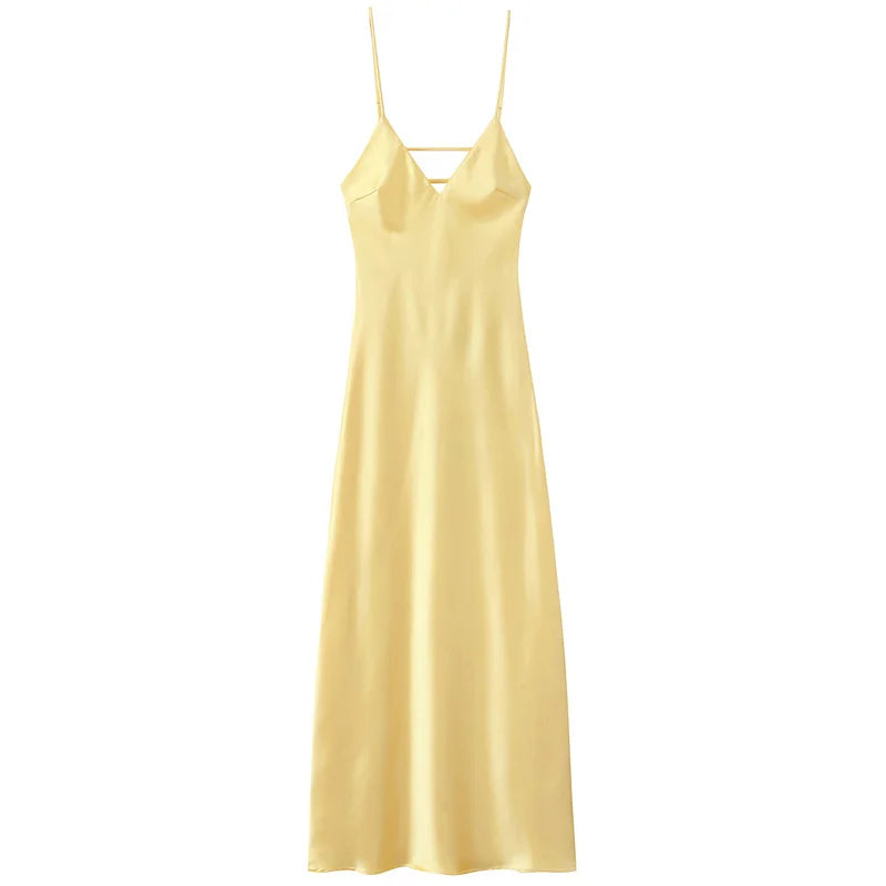 HXAO Womens Yellow Slip Dress Summer 2025 Woman Satin V-Neck Party Dresses Elegant Evening Sleeveless Backless Long Vestidos 066