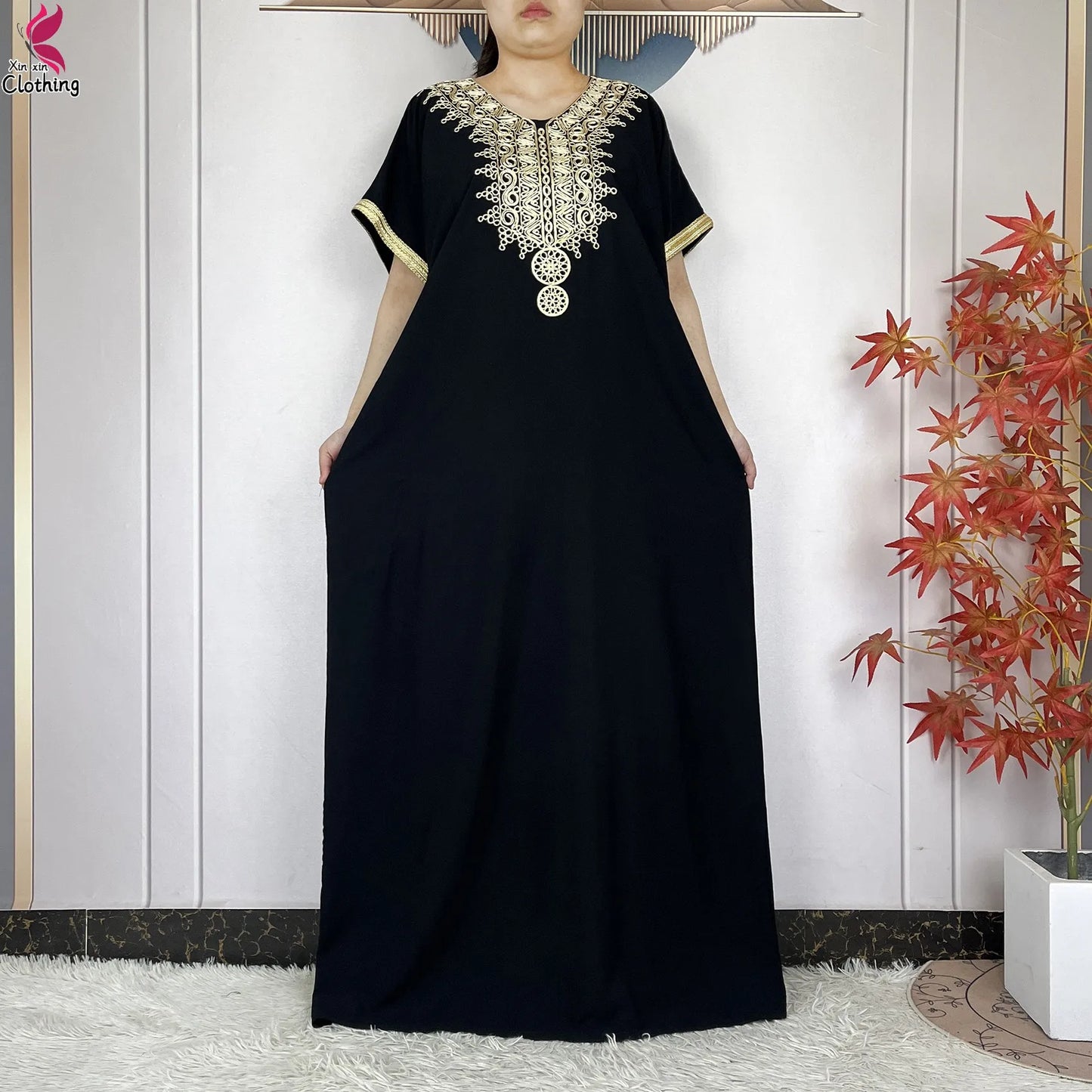 2026 New Summer Short Sleeve African Abaya Cotton Pure Color Embroidery Loose Woman Maxi Islam Tradition Dresses With Headscarf