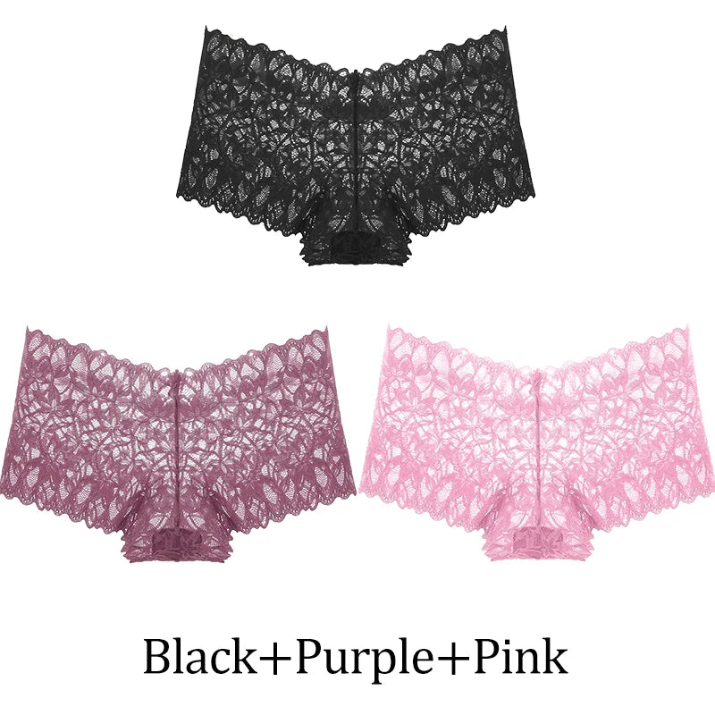 3-Pack Lace Boyshort Panties – Low-Rise Floral Underwear for Women (S–XL, 14 Color Sets)
