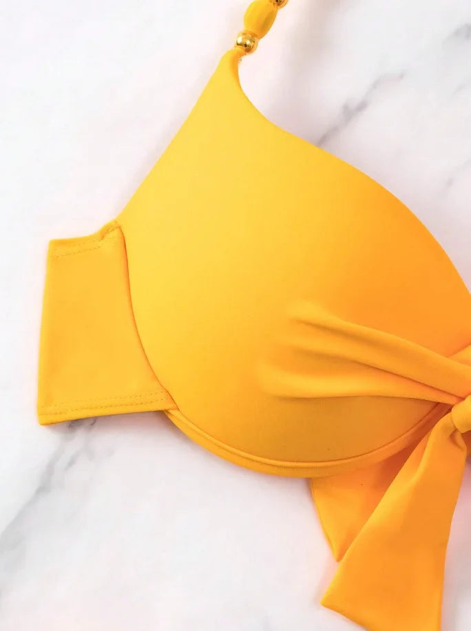 Push-Up Halter Bikini Set — Bow-Tie Top & Printed Side-Tie Bottoms | Women's Swimwear