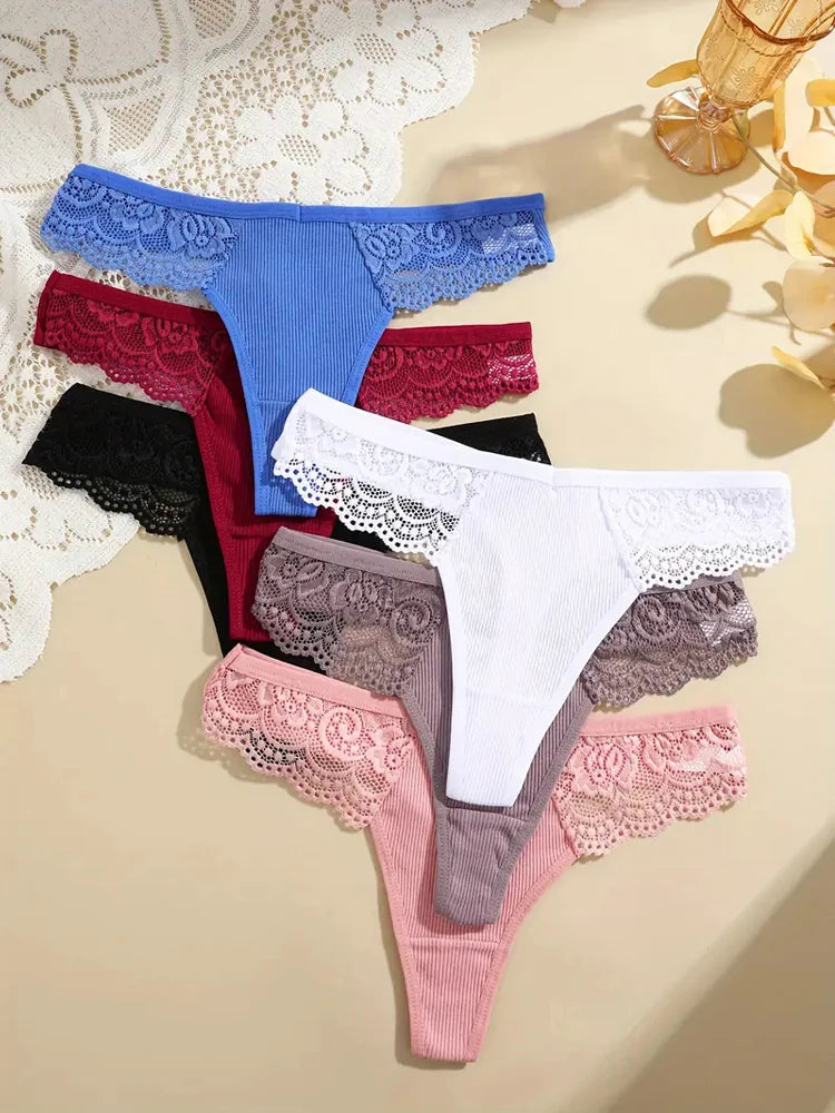 7-Pack Cotton Lace-Waist Thongs — Low-Rise Ribbed G-String Panties
