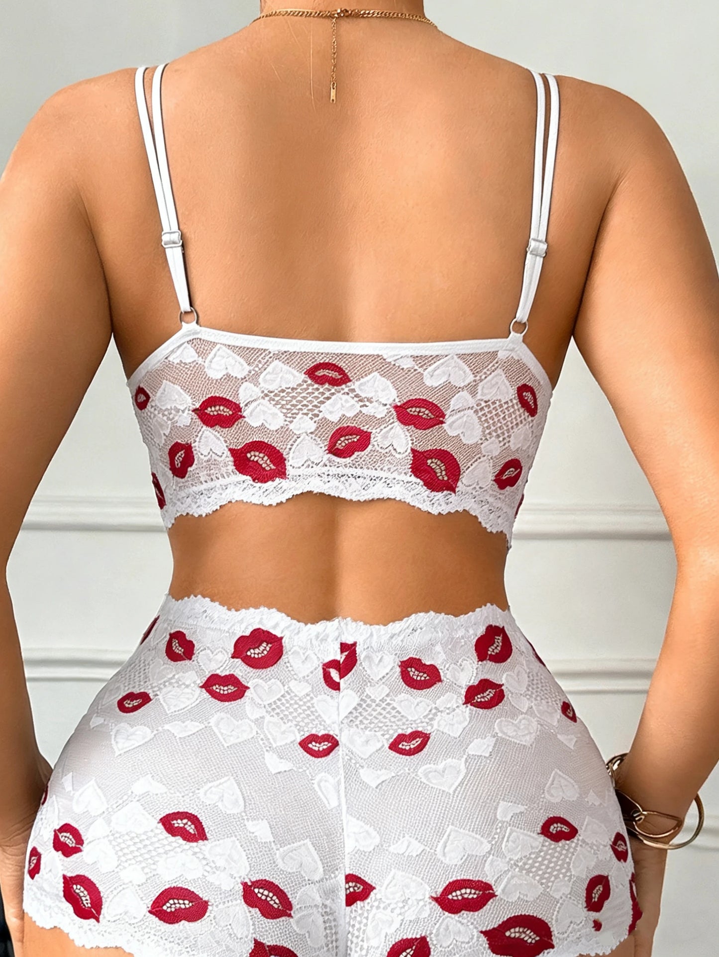 Lip Print Lace Lingerie Set — Crisscross Bra & Panty | Women's Lingerie