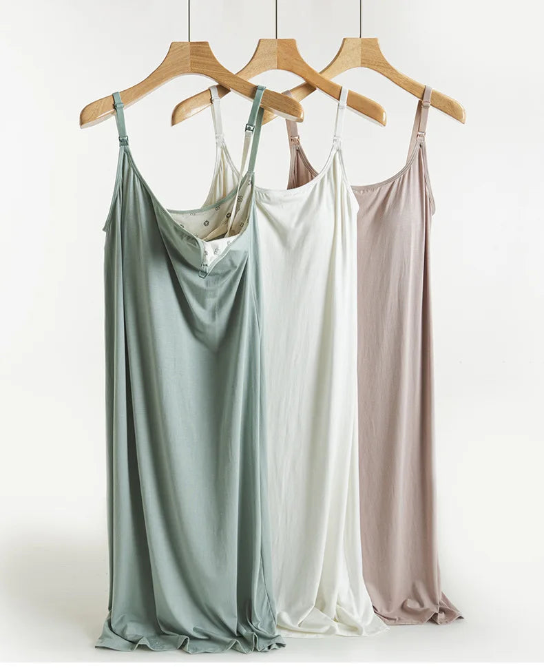 Women's Maternity Nursing Tank Dress with Built-in Bra Breastfeeding Long Sleeveless Nightdress for Pregnant Nursing Mothers