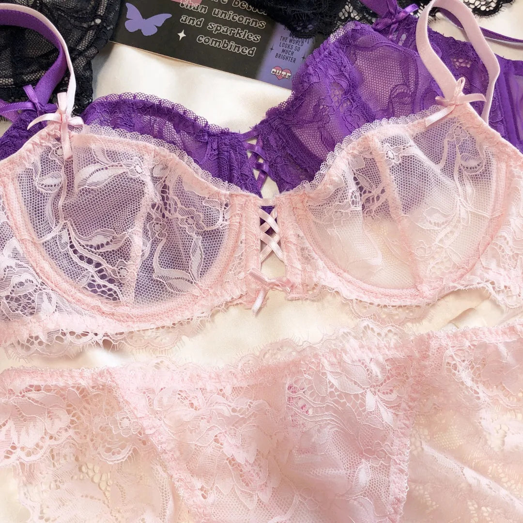 French Hollow Lace Embroidery Push-Up Bra & Panty Set – Ultra-Thin, Underwire | Women's Lingerie