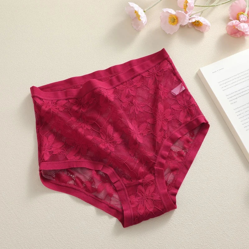 High-Waist Floral Lace Hollow Brief Panties – Breathable Sexy Underwear for Women (S–2XL, 9 Colors)