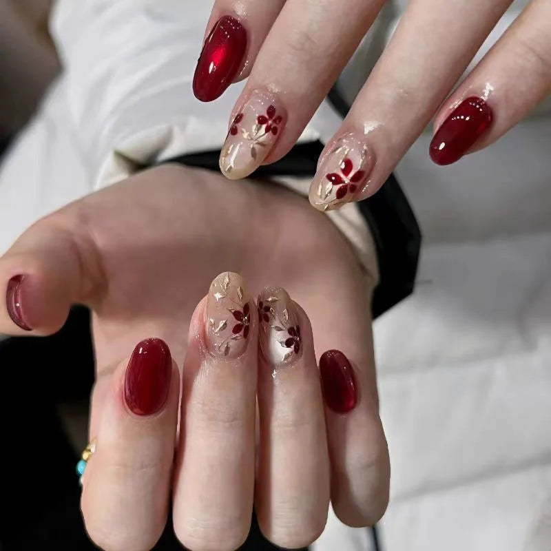 Pink Floral Press-On Nails – Almond Flower Designs, 24 Pieces
