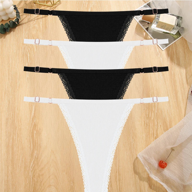 Women's Cotton Lace G-String Thongs – 4-Piece Set | Low Rise Adjustable Waistband Hipster Underwear (S–XL)