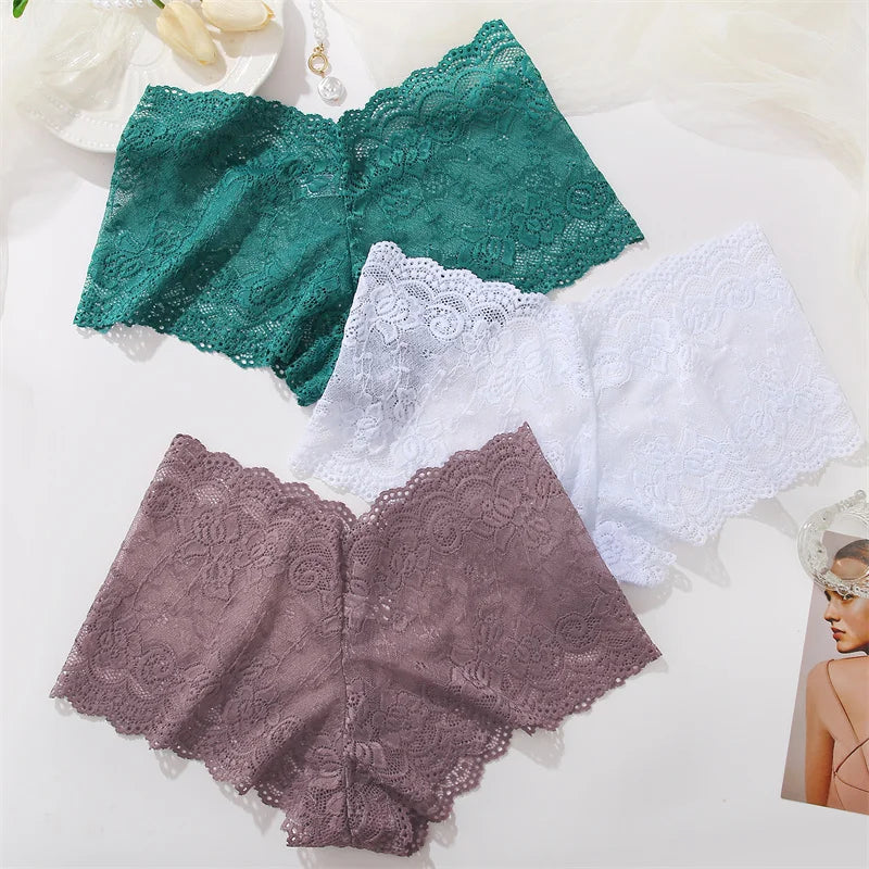 3-Pack Floral Lace Boyshort Panties – Low-Rise Ultra-Thin Underwear for Women (S–XL, 10 Color Sets)
