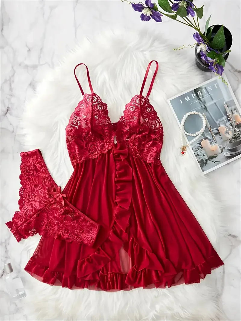 Lace Babydoll Lingerie Set — Floral Embroidery Slip Dress & Panty | Women's Intimate Wear