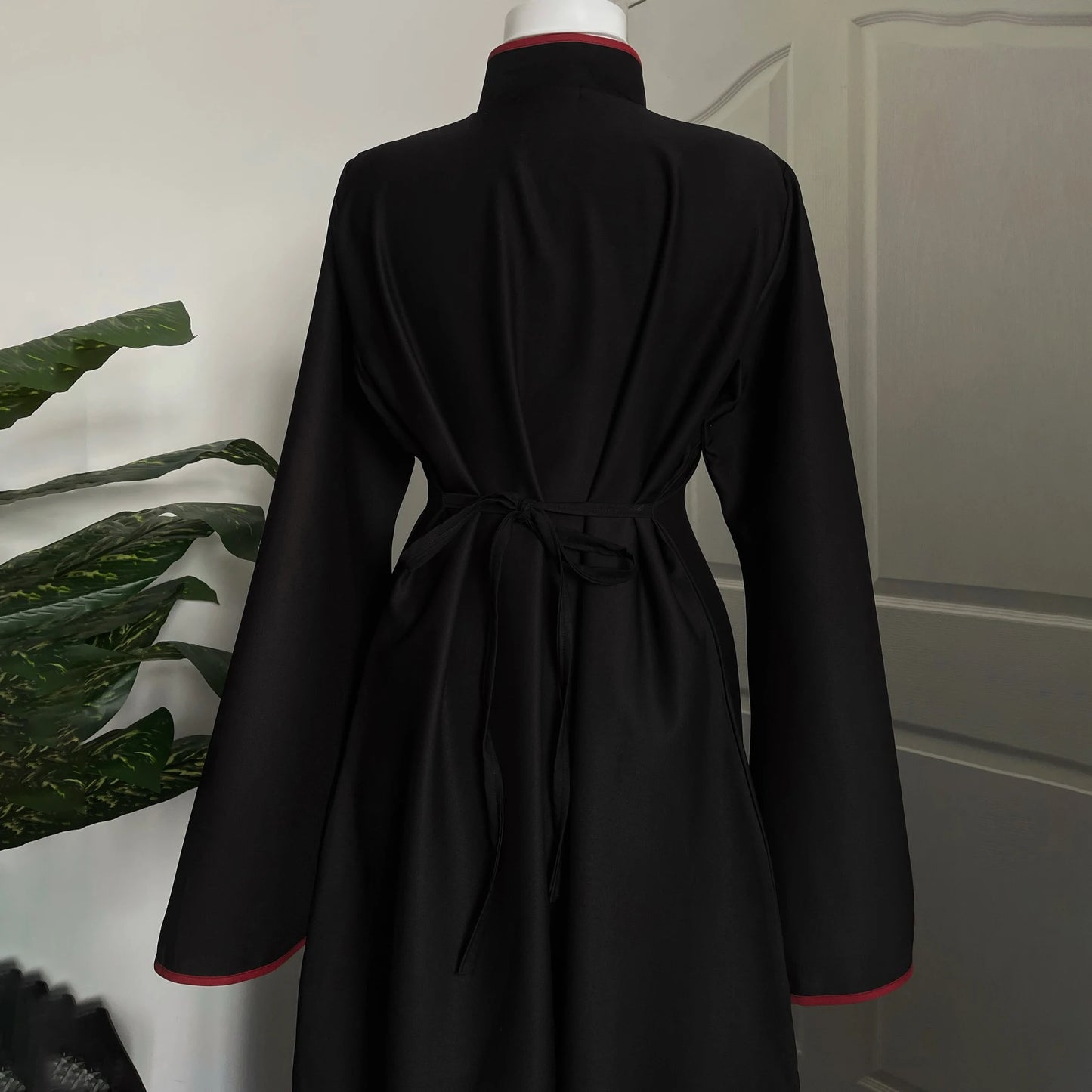 2026 New KT Women's Black Qipao Style Maxi Dress, Red Trim Frog Buttons, Flared Sleeve Modest Abaya