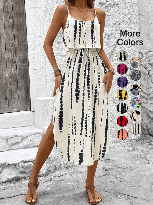 Spaghetti Strap Midi Dress with Belt & Side Slit – Flowy Summer Casual Dress