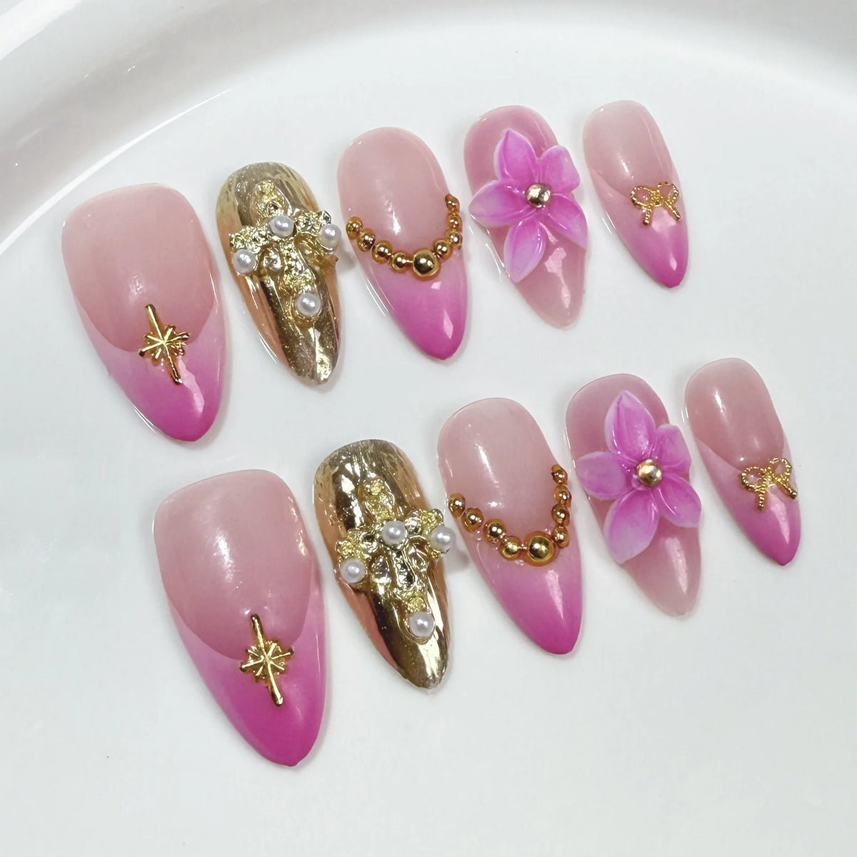 Pink Ombre Press-On Nails – Handmade Almond 3D Flower Designs, 10 Pieces