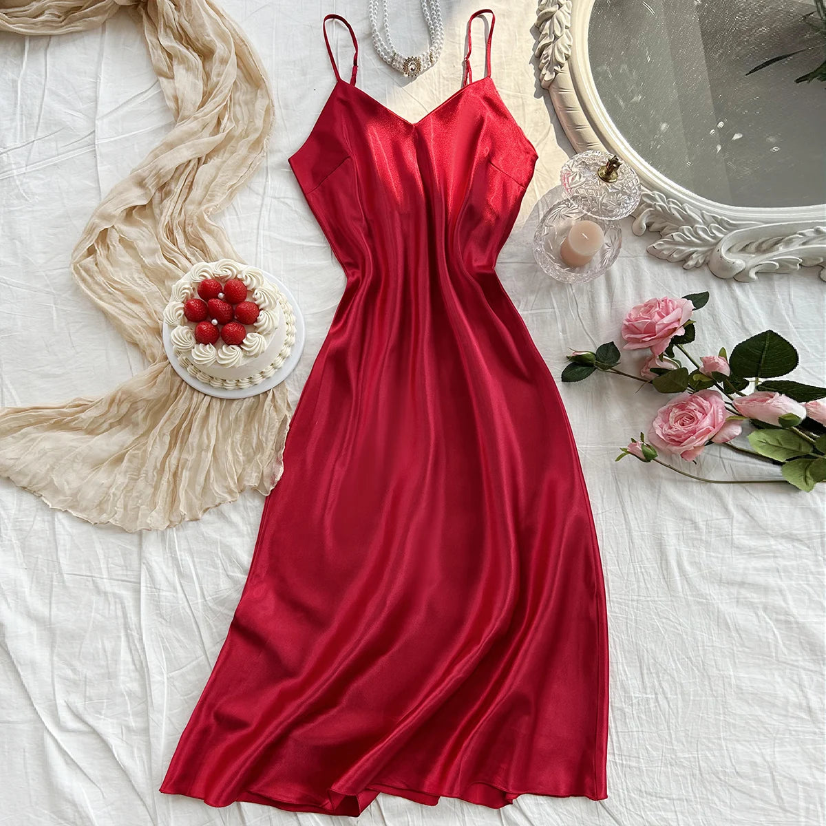 Satin Long Slip Nightdress — V-Neck Midi Sleeveless | Women's Elegant Sleepwear