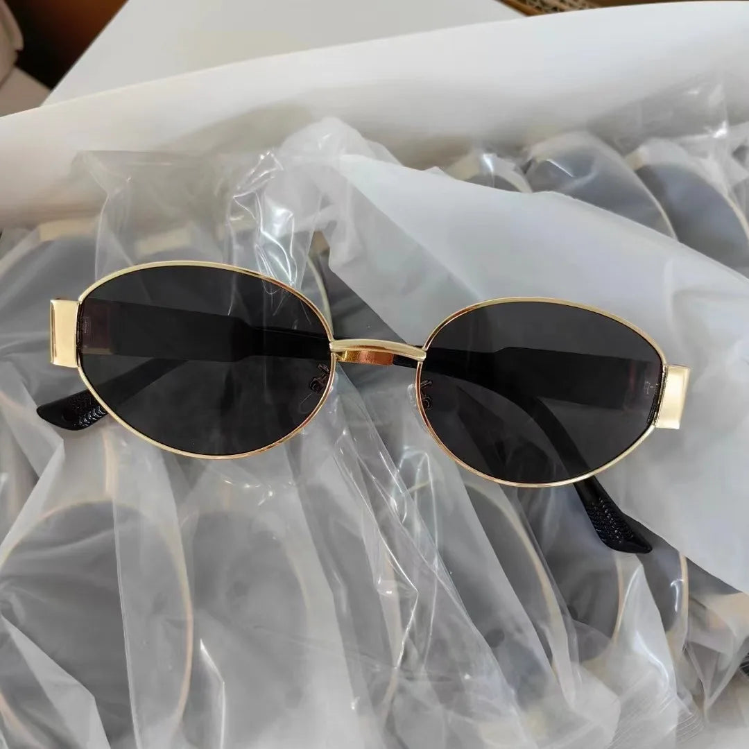 Retro Small Oval Metal Sunglasses | Gold & Black | Myopia Options