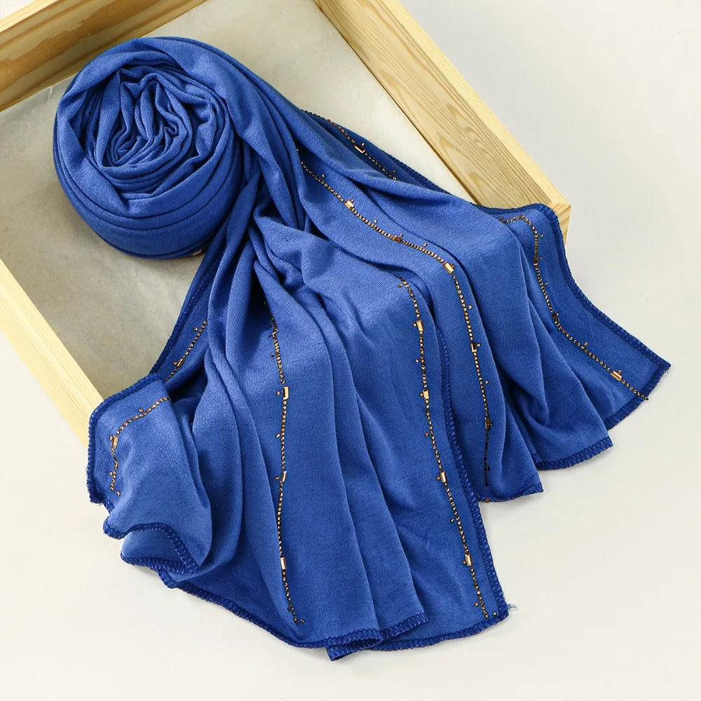 New Breathable Rhinestone Hijab Scarf Soft Glitter Shimmer Edge Headband Turban Solid Color Headscarf For Women