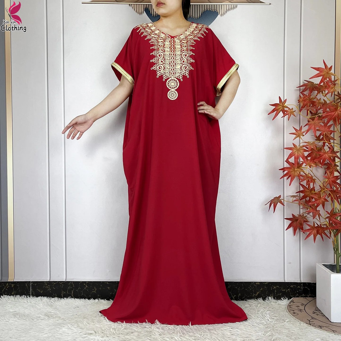2026 New Summer Short Sleeve African Abaya Cotton Pure Color Embroidery Loose Woman Maxi Islam Tradition Dresses With Headscarf