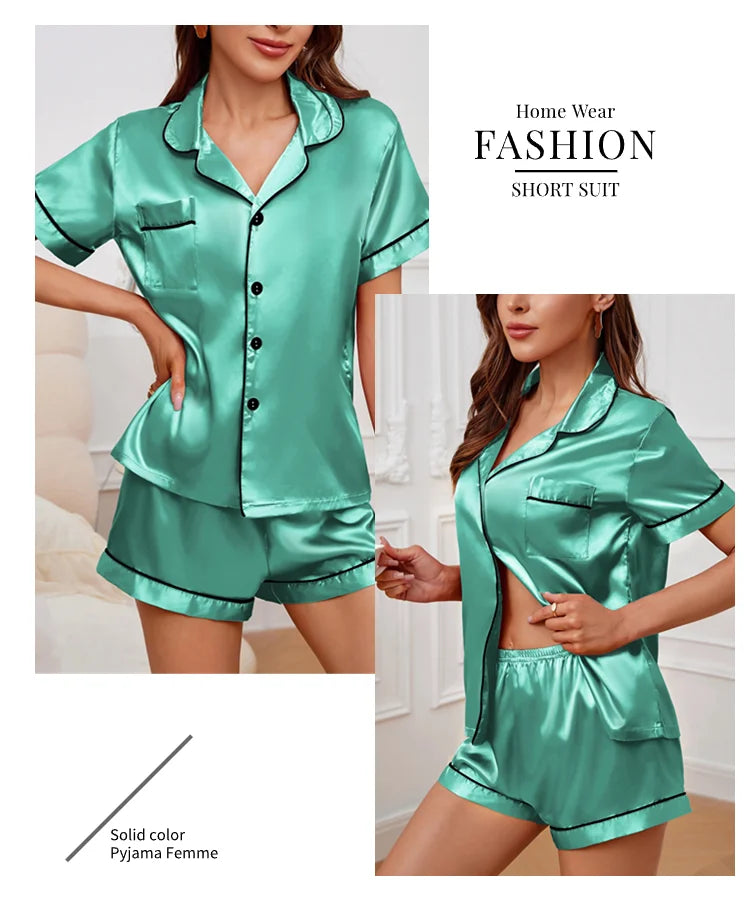 Satin Pajamas Set — Short Sleeve Button Top & Shorts | Women's Summer Sleepwear