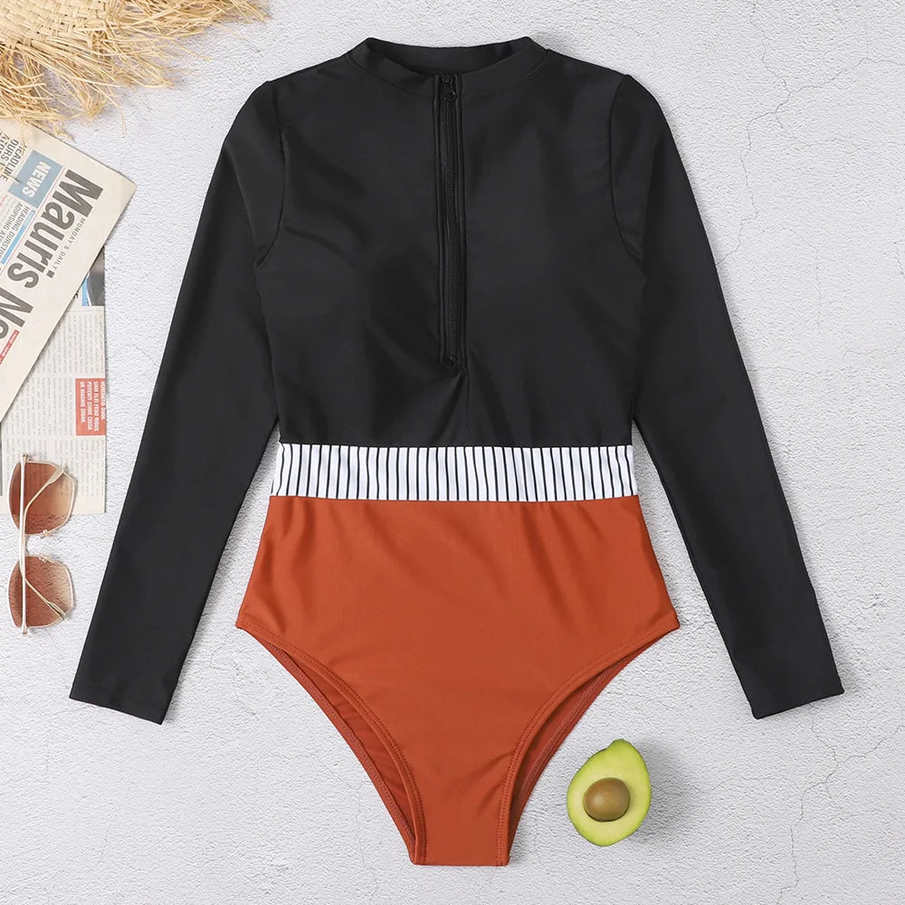 Color Block Surfing One-Piece Swimsuit — Long Sleeve Zipper | Women's Sport Swimwear