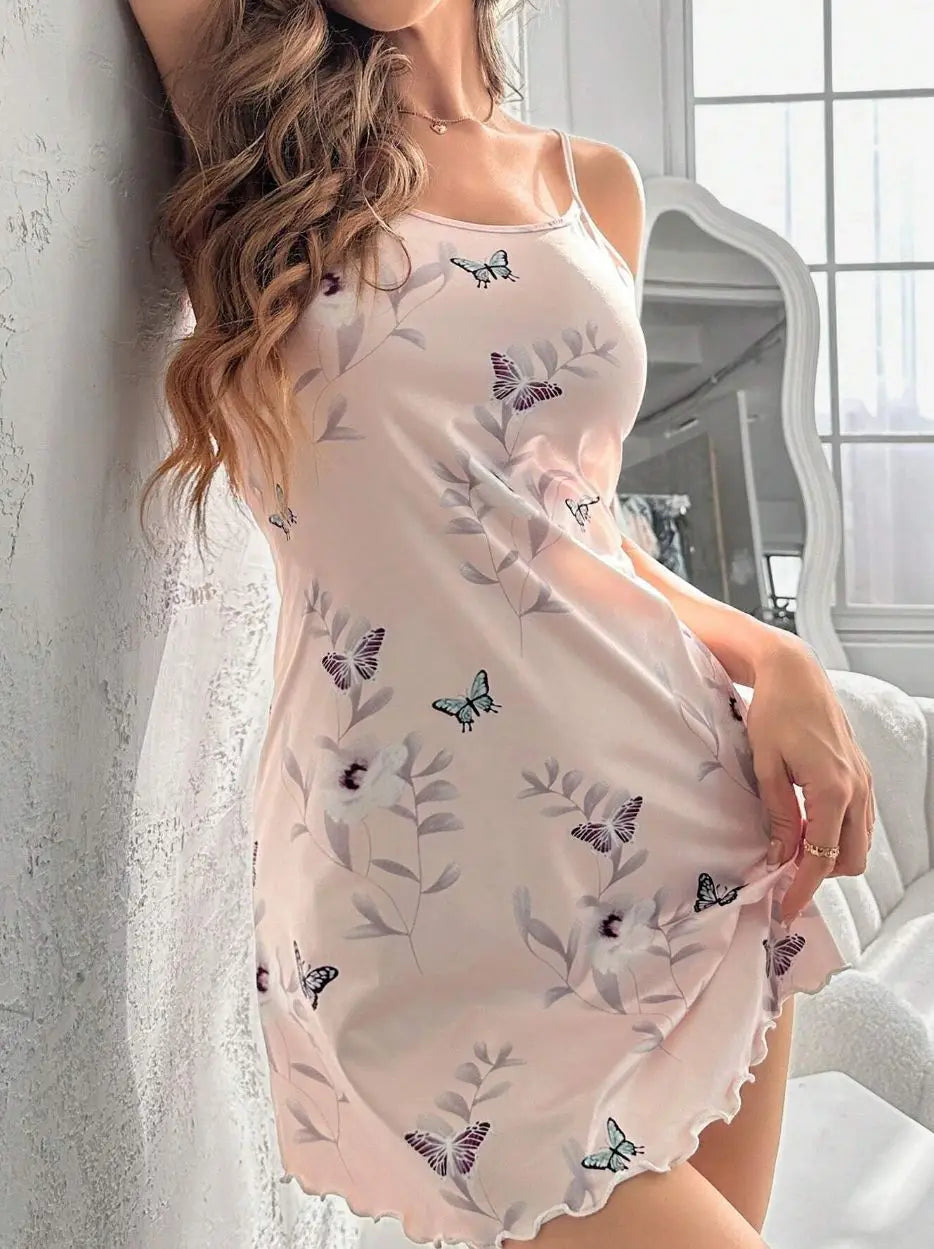 Butterfly Print Satin Sleep Dress — Spaghetti Strap Mini Nightgown