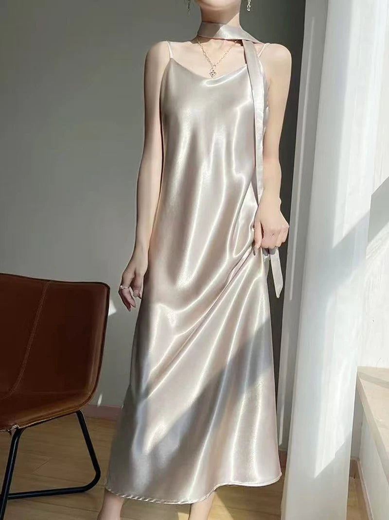 French Elegant Satin Camis Dress Women Summer Loose with Ribbon Midi Dress Female Fashion Aesthetic Party Evening Slip Dress