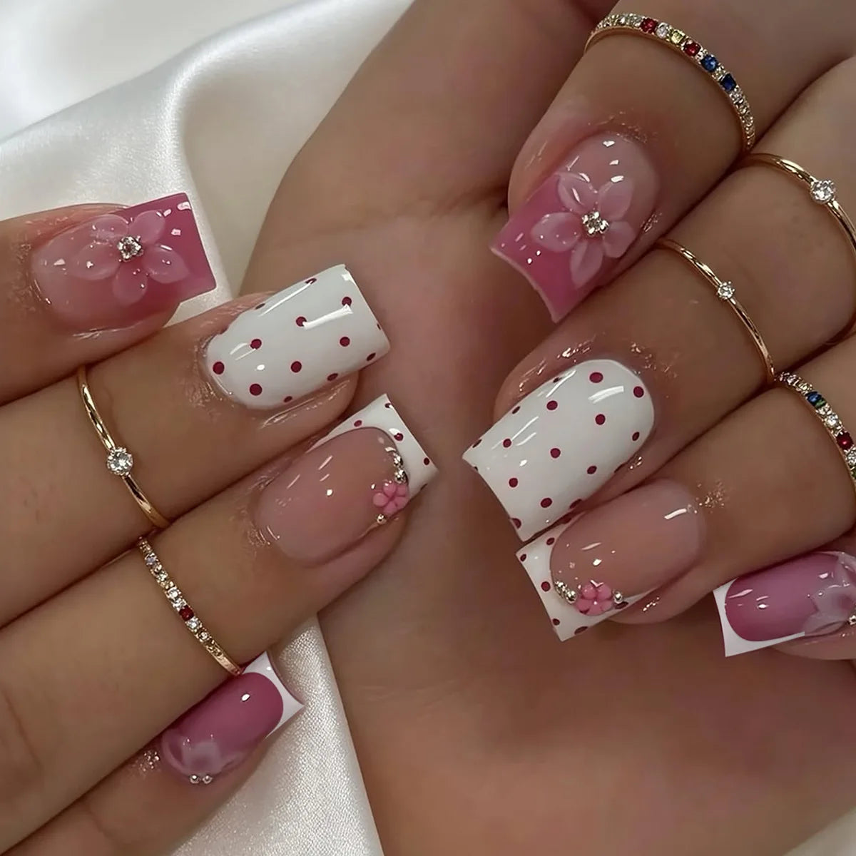 Medium Square Press-On Nails with Adhesive - Blush Pink Floral & French, 24 Pieces