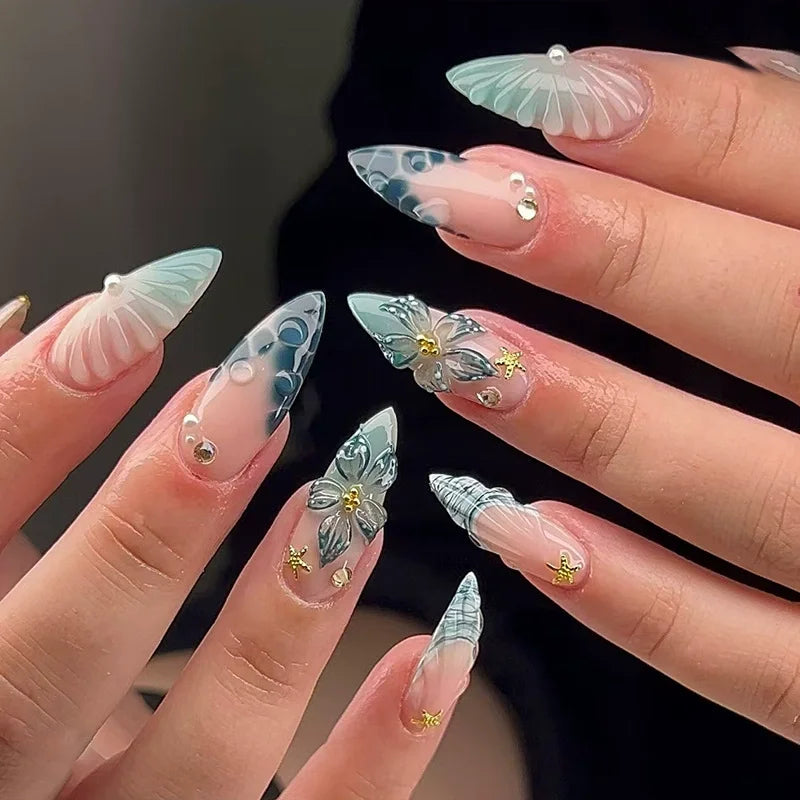 Almond Press-On Nails - 3D Floral, Butterfly & French Tip, 24 Pieces