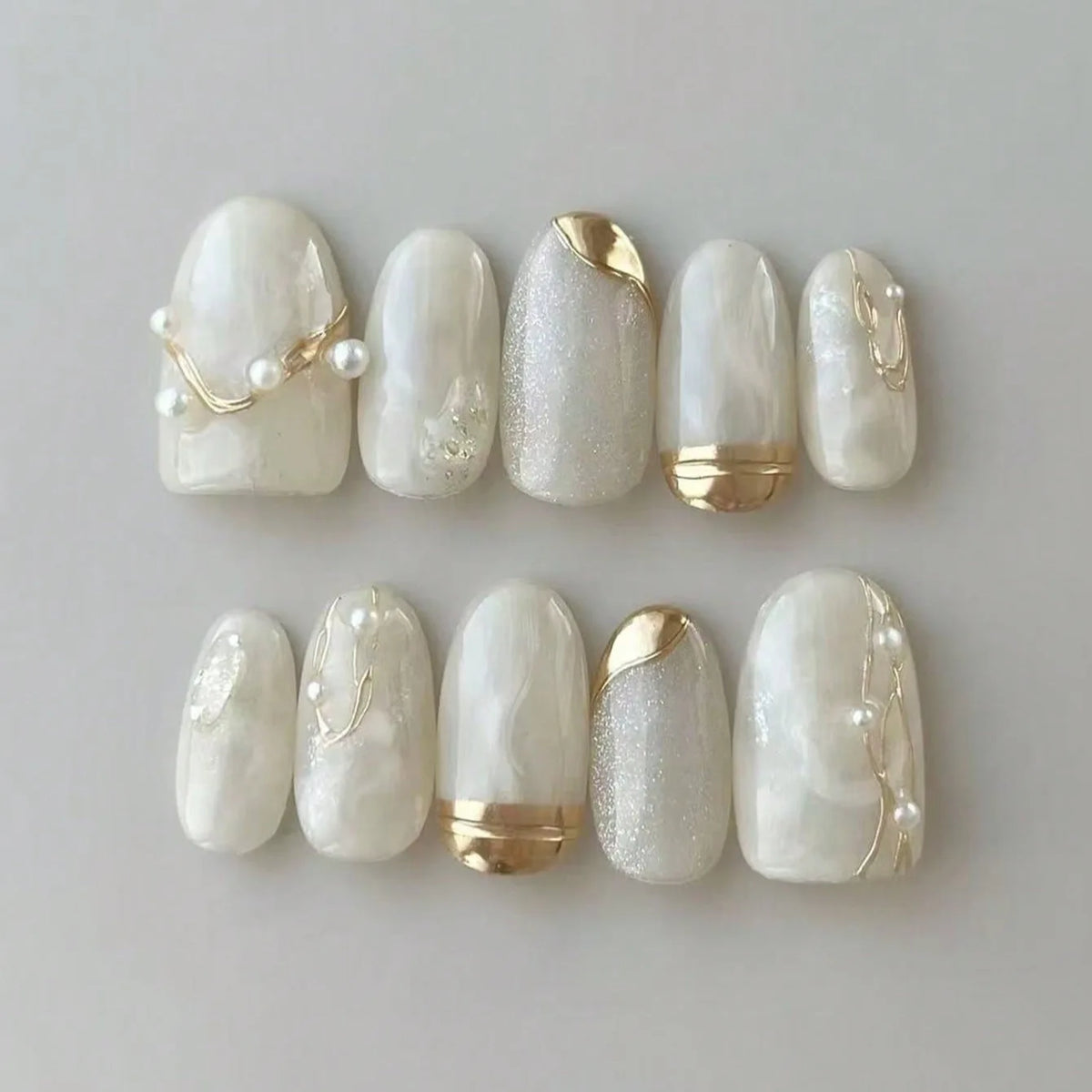 Handmade French Almond Press-On Nails with Rhinestones – 10-Piece Kit