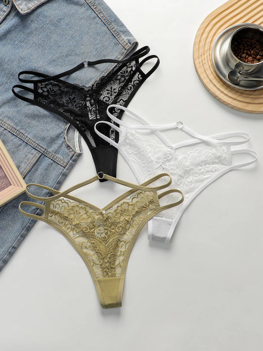 3-Pack Lace Thong Set — Cross Strap G-String | Women's Sexy Lingerie Underwear