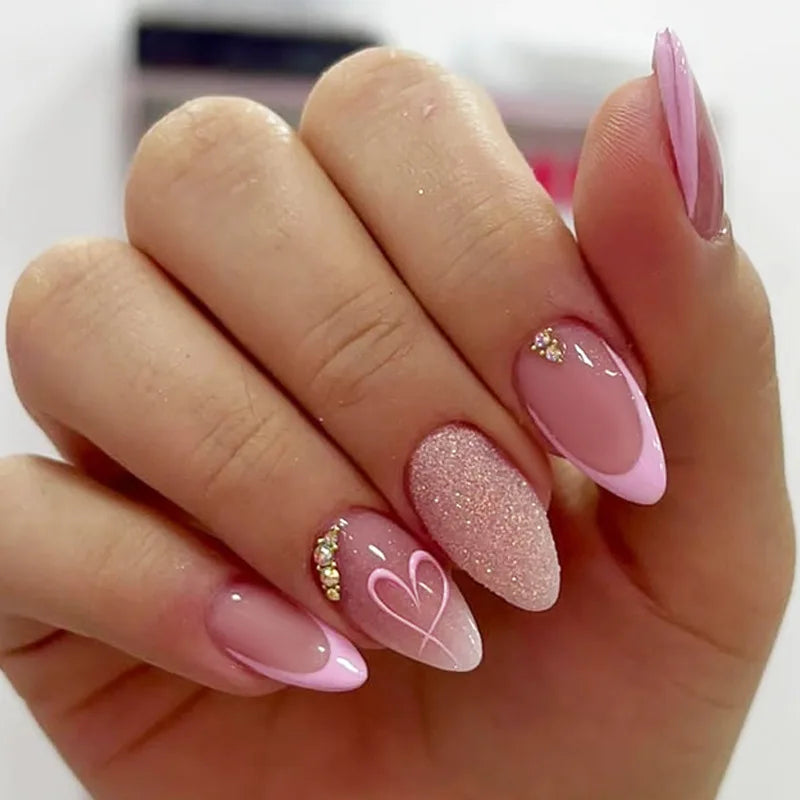 Long Coffin Press-On Nails with Glue – Nude, Pink & Color Designs, 24 Pieces