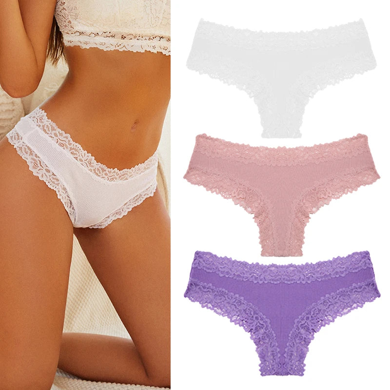 Women's Cotton Lace Briefs – 3-Piece Set | Soft Low-Rise Stretch Underwear (S–XL)