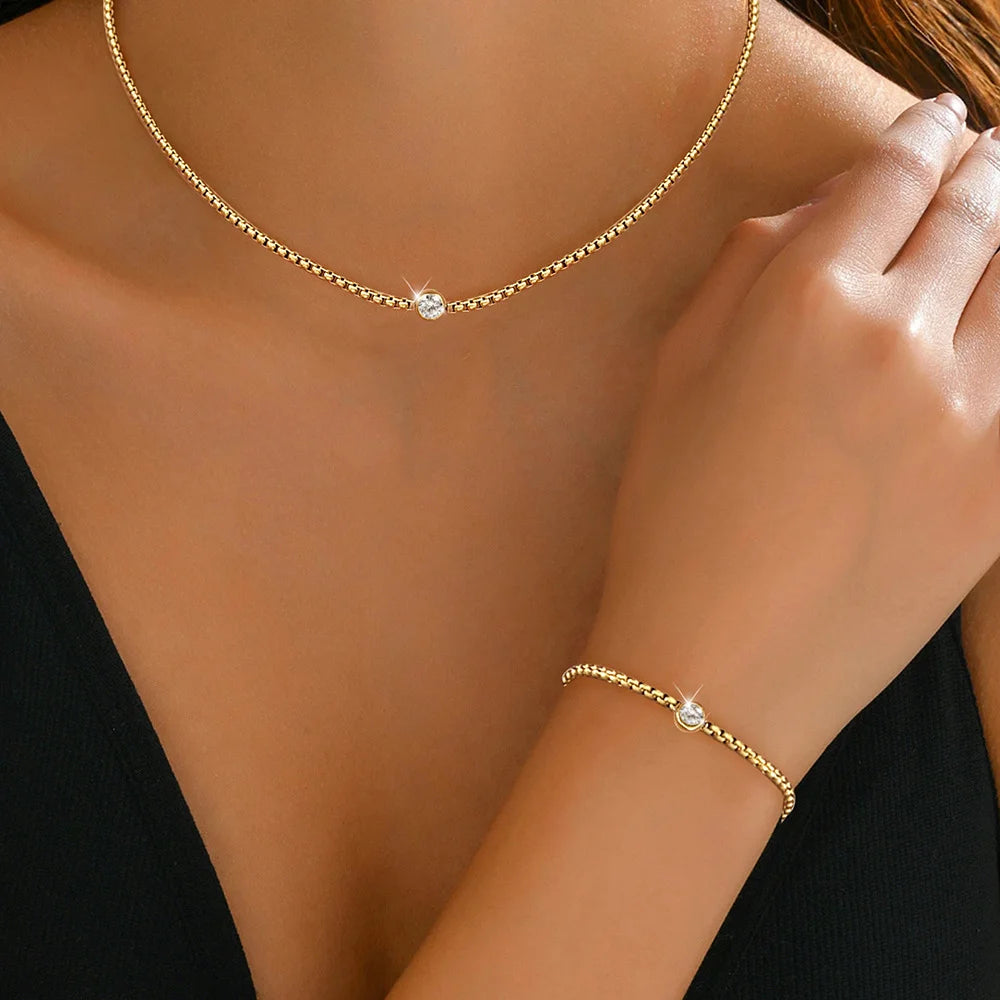 Cubic Heart Jewelry Set – 18K Gold-Plated Stainless Steel Necklace & Bracelet for Women