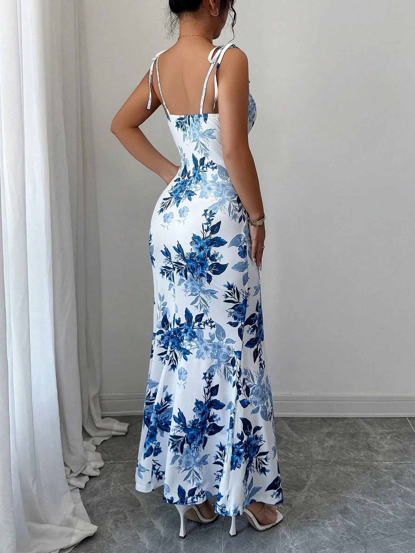 Drawstring Printed Bodycon Split Cami Dress Sexy Slim-fit Essential for Daily & Dates