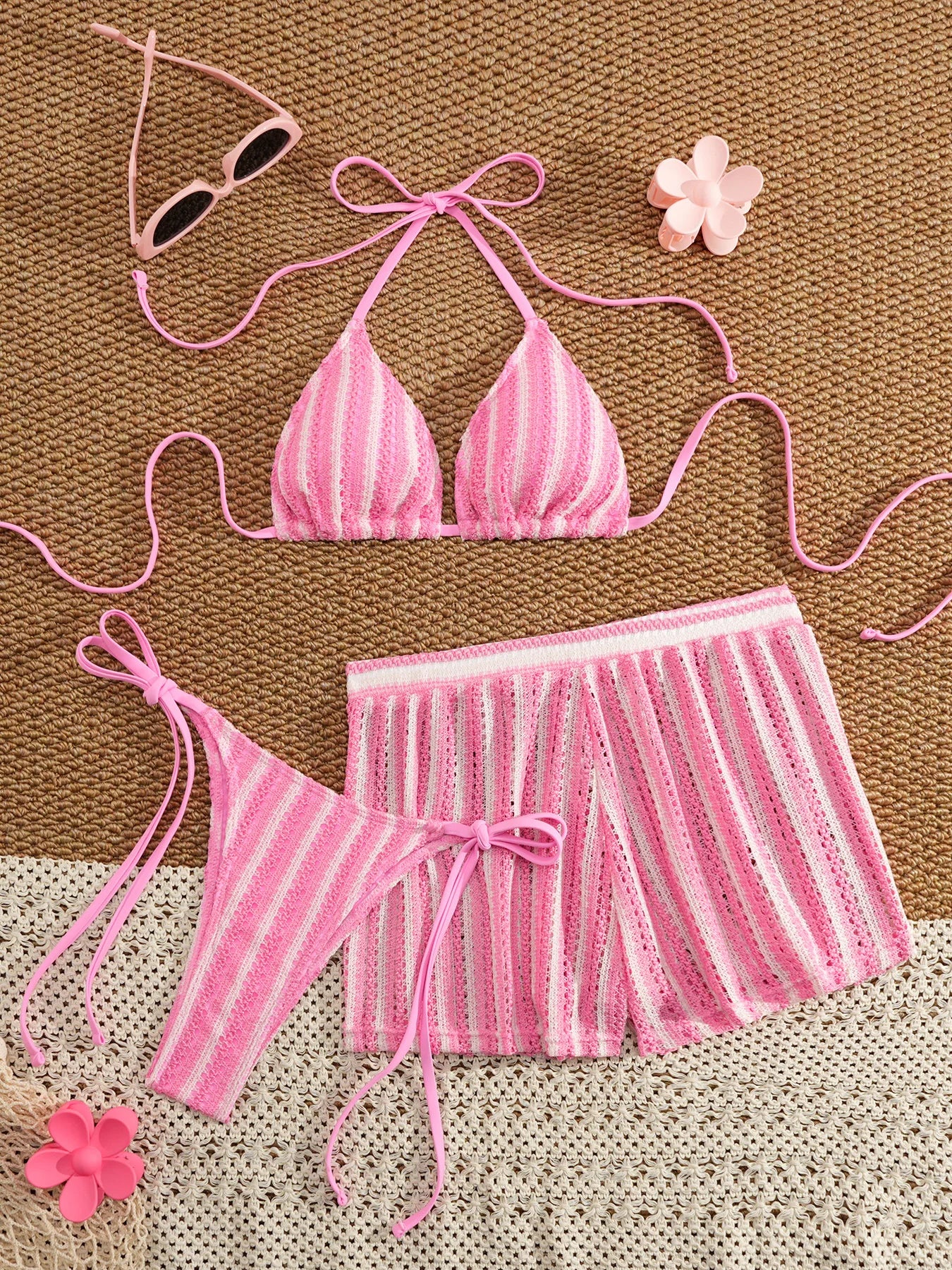 Striped Halter Triangle Bikini Set — 3-Piece with Mini Skirt Cover-Up | Women's Swimwear