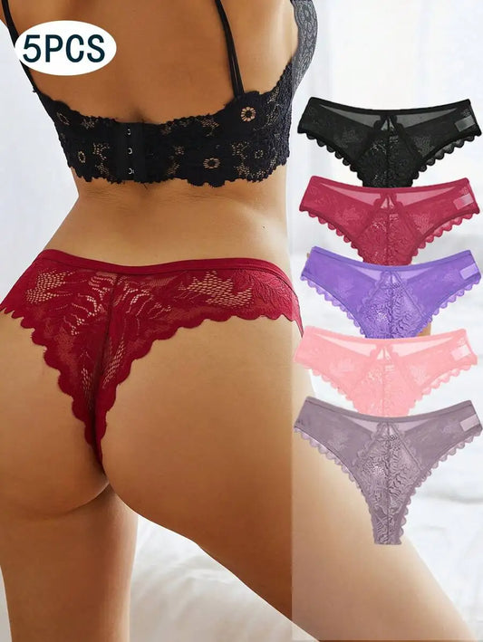 5-Pack Floral Lace G-String Thongs – Soft Breathable Underwear for Women (S–XL, 4 Color Sets)