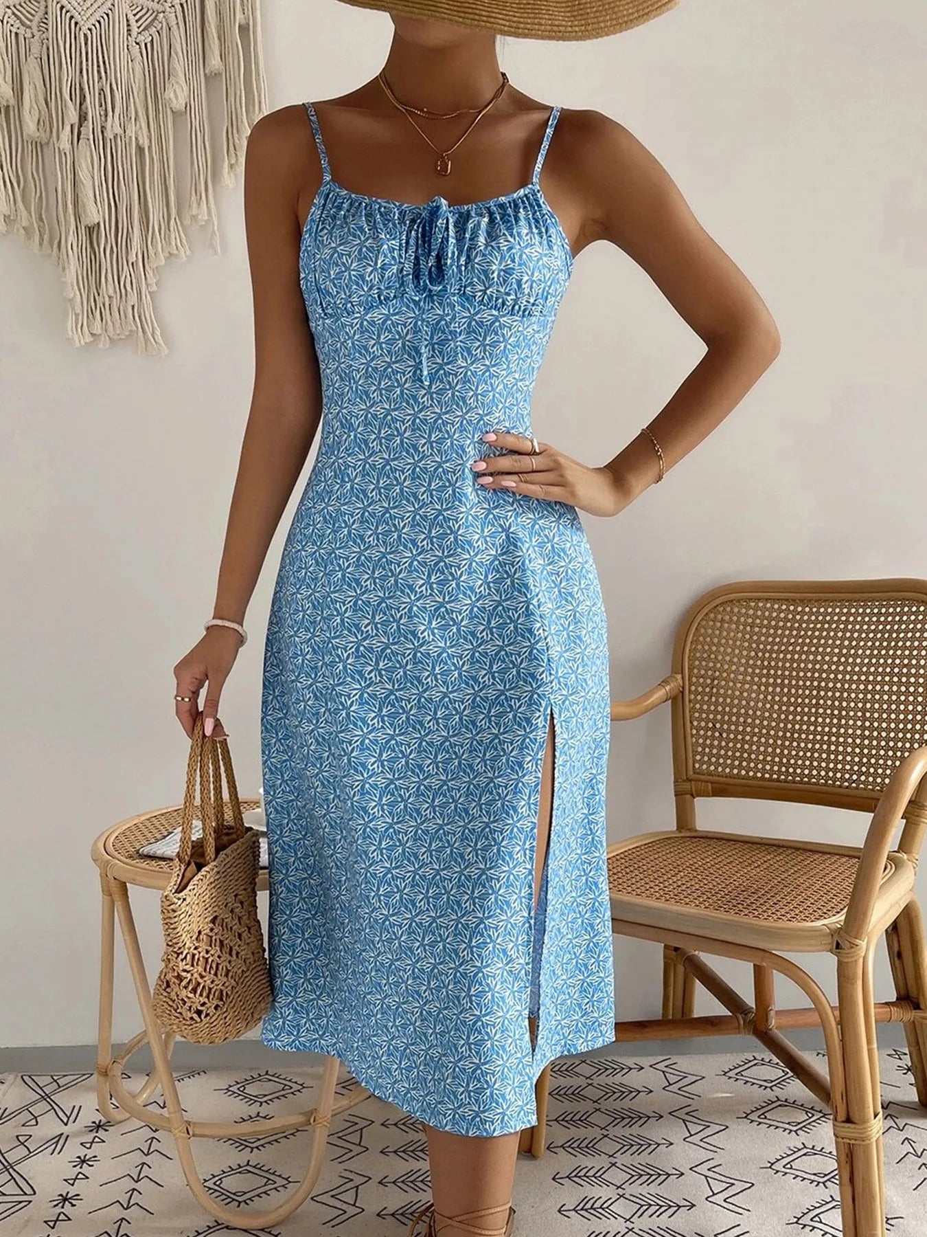 Floral Strappy Dress with Gathered Bust & Thigh Slit – Sexy Summer Dress