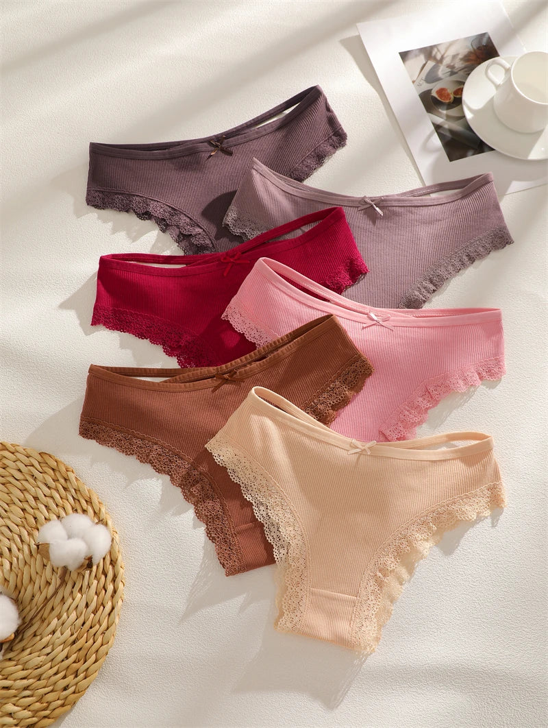 FINETOO 6PCS Women's Cotton Lace Underwear Sexy Crossed Belts Brazilian Panties Female Low Rise Breathable Briefs Soft Lingerie